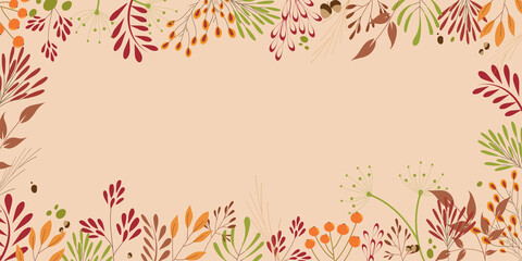 Horizontal Autumn background with different flower and botanical leaves. copy space.