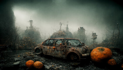 Car cemetery with pumpkins illustration for halloween. Illustrations for children's storybooks.Halloween night pictures for wall paper or computer screen.