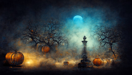 cemetery with pumpkins watercolor illustration for halloween. Illustrations for children's storybooks.Halloween night pictures for wall paper.