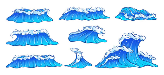 Cartoon ocean waves set. Collection of blue sea waves with white foam vector illustration