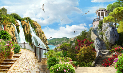 cascade of mountain waterfalls. beautiful view of the rotunda from the terrace. photo wallpapers.