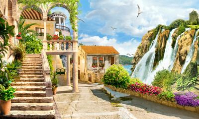 Wall Mural - A small village is located high in the mountains on the hills. Digital photo wallpapers.