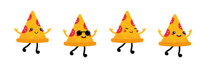Wall Mural - Set, collection of cute cartoon style pizza slice characters for fast food design.
