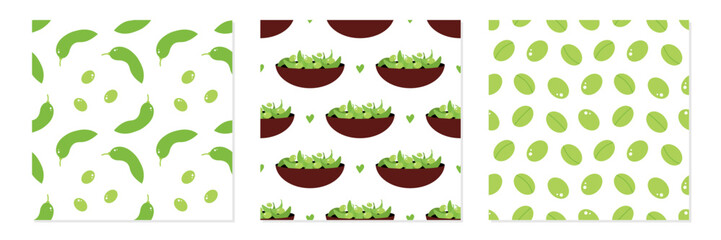 Wall Mural - Set, collection of three vector seamless pattern backgrounds with edamame, green soy beans for healthy food and snack design.