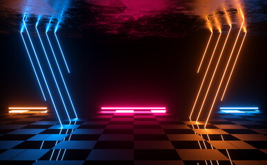 Wall Mural - Sci Fi Futuristic Modern Neon Laser Beam Electric Glow Technology On Checker Floor Illustration 3d Rendering