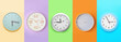 Set of different clocks on colorful background