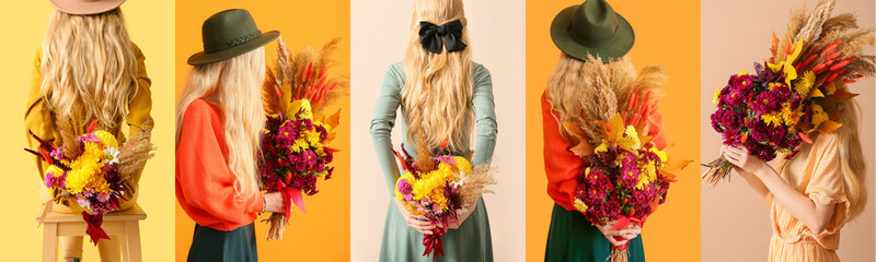 Collage of young woman holding beautiful autumn bouquet on color background