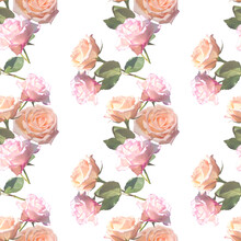 Seamless Floral Pattern With Yellow And Pink Roses On A White Background, Raster Illustration
