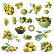 Set Of Green Olives Isolated On White