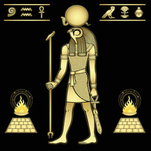 Animation Color Portrait: Ancient Egyptian God Ra In  Guise Of Falcon. Ritual Fire, Hieroglyphs. View Profile. Vector Illustration Isolated On A  Black Background. Gold Imitation.