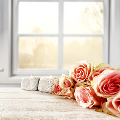 Canvas Print - Desk of free space for your decoration and autumn background of window. 