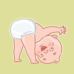 Wall Mural - little baby of 5-12 months stand on head. cute little baby boy or girl in diaper upside down. child 