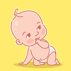 Wall Mural - cute little baby of 3-10 months. happy child in diaper learn to crawl. finger in mouth. baby develop