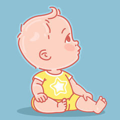 Wall Mural - cute little baby of 3-12 months. happy child sit, look up. boy or girl in yellow clothes. color vect