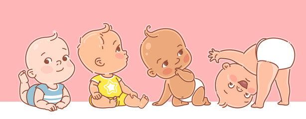 Wall Mural - cute little babies of 3-12 months. happy smiling children lay, sit, play. boy or girl, various poses
