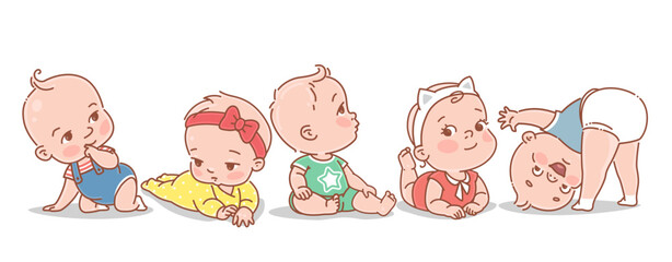 cute little babies of 3-12 months. happy smiling children lay, sit, play. boy or girl, various poses