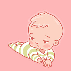 Wall Mural - little baby of 3-9 months wearing pajamas. cute little baby boy or girl lying on stomach, head up. s