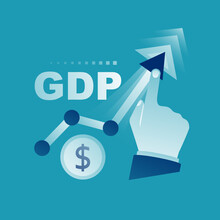 Growth GDP Concept. Government Budget, Public Spending. Businessman Raises Up Arrow Graphics. Increment In Annual Financial Budget. Vector Illustration Flat Design. Isolated Background.