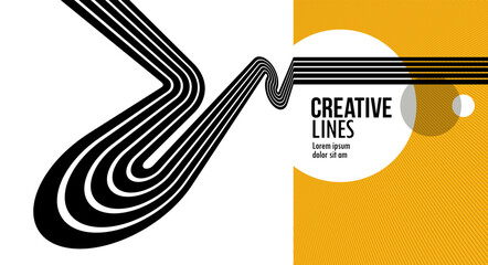 Future lines in 3D perspective vector abstract background, black and yellow linear composition, optical illusion op art.