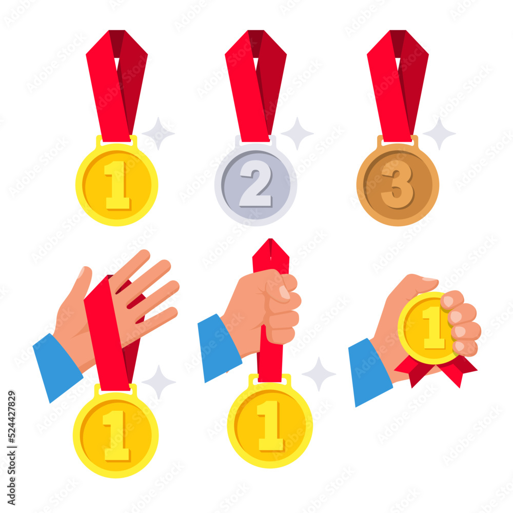 Gold, silver, bronze medal with red ribbon. A set of medals in the hand ...