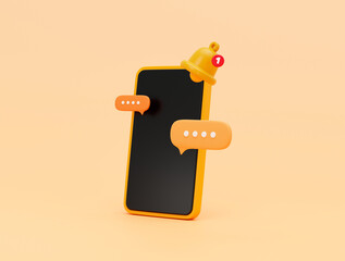 Fototapete - Smartphone with reminder popup bell notification alert and bubble chat message for web banner icon or symbol background 3D illustration