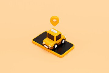 Taxi car on smartphone with reminder popup bell notification alert and bubble chat message for online transportation service concept web banner cartoon icon or symbol background 3D illustration