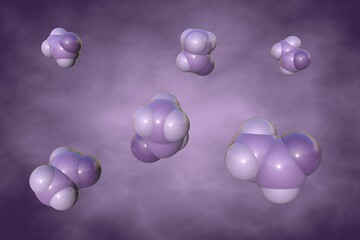 Acetaldehyde or ethanal, an organic chemical compound produced by plants and one of the most important aldehydes. Molecular model on very peri background. Scientific background. 3d illustration