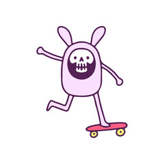 Wall Mural - Adorable skull in bunny costume playing skateboard unicorn , illustration for t-shirt, street wear, sticker, or apparel merchandise. With doodle, retro, and cartoon style.