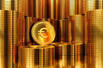 3D rendering of pile of gold euro coins. business concept, finance backgound, exchange market