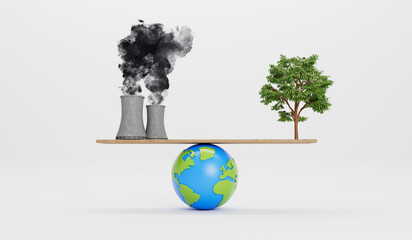 Wall Mural - Polluting factory and green tree balancing on a globe. Save the world concept. 3D Rendering