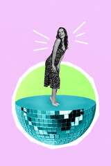 Poster - Vertical poster collage of lady on disco ball black and white isolated on painting violet color background