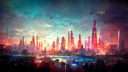 Wall Mural - futuristic city landscape with many skyscrapers