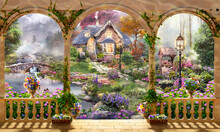 A House In The Edge Of The Forest. Digital Collage, View From The Terrace. Photo Wallpapers.