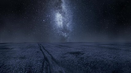Wall Mural - milky way over wheat field. night sky in summer, timelapse