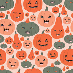 Wall Mural - Pumpkin emotions, seamless pattern on a pink background, aphids, wallpaper trellises, halloween pumpkins, scary faces