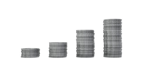 Stack of silver coins isolated on white background with earning profit business concept. 3D illustration