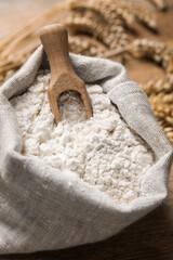 Wheat flour and wooden scoop in sack bag on table, closeup