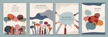 Silhouette Heads Group Of International People Talking. Diversity People.Speech Bubble. Communication. Communicate On Social Networks. Racial Equality. Ethnicity. Editable Template. Poster