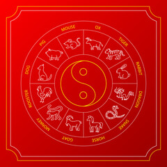 Wall Mural - Chinese Zodiac Red Circle. Vector Thin Outline China Culture Symbols.