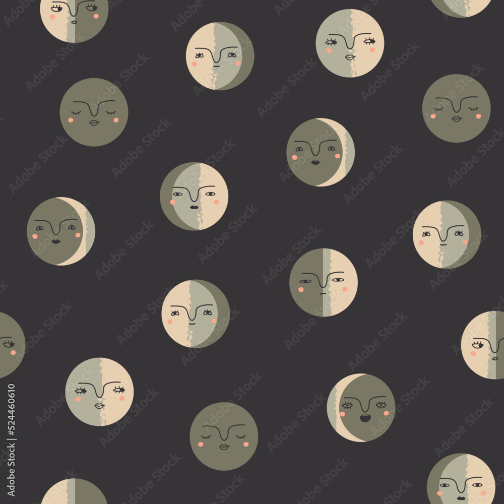 Moon phases. Crescent and full moon with faces. Hand drawn modern ...