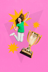 Poster - Vertical poster collage of school girl jump with cup wear casual cloth isolated on pink drawing background