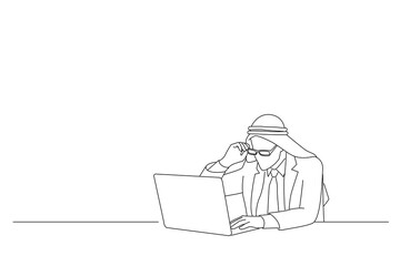 Drawing of arab businessman with computer. Line art style