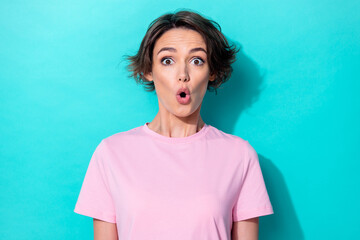 Poster - Photo of hooray short hairdo millennial lady wear pink t-shirt isolated on teal color background