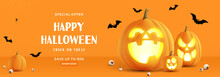 Happy Halloween Sale Banner. Orange Festive Banner With 3d Spooky Glowing Pumpkins, Candy Eyes, Paper Bats And Spider On Web. Vector Illustration. Happy Halloween Holiday Banner.