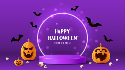 Wall Mural - Happy Halloween festive banner. Purple festive banner with 3d spooky pumpkins, podium, neon circle, candy eyes and paper bats. Vector illustration. Happy Halloween holiday banner.
