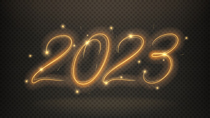 Wall Mural - 2023 Happy New Year banner. Number 2023 written with sparkling sparklers isolated on checkered background. Glowing template for holiday greeting card, banners and poster. 2023 sparkling sign.