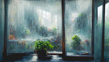 3D Render Digital Art Painting Of Rainy Window. Window View With Raining Outside
