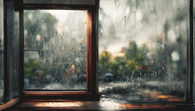 3D Render Digital Art Painting Of Rainy Window. Window View With Raining Outside