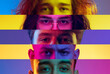 © master1305 - Collage of close-up male and female eyes isolated on colored neon backgorund. Multicolored stripes. Concept of equality, vision, emotions