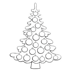 Wall Mural - Vector contour Christmas tree decorated with xmas balls. Template for children creativity, application, coloring book